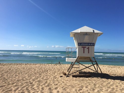 A lifeguard tower on a sandy beach with calm waves and a clear blue sky, marked "No Lifeguard on Duty."
