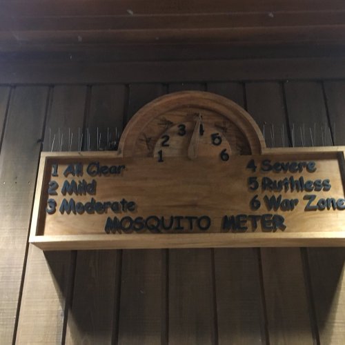 A wooden sign displaying a "Mosquito Meter" with levels from 1 (All Clear) to 6 (War Zone).