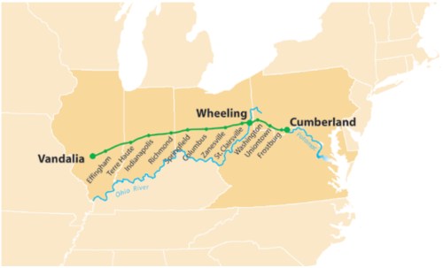 Map showing the National Road route from Cumberland, Maryland, to Vandalia, Illinois, with key cities marked along the way.