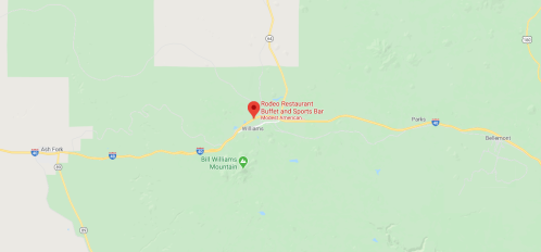 Map showing the location of Rodeo Restaurant Buffet and Sports Bar near Williams, Arizona, along the highway.