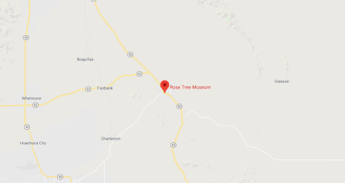 Map showing the location of the Rose Tree Museum in Arizona, near highways 80 and 90.