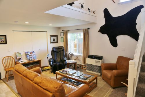 Cozy living room with leather furniture, a bear rug on the wall, and a large window letting in natural light.