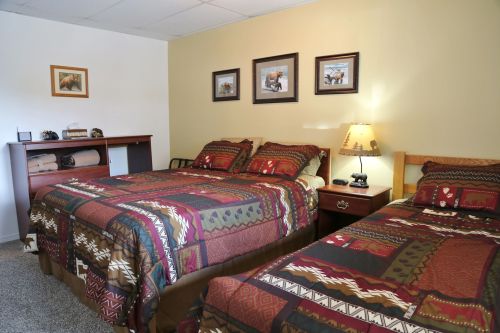 Cozy bedroom with two beds, patterned bedding, a lamp, and framed pictures on the wall. Warm, inviting atmosphere.