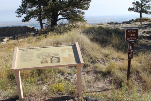 Sign for Saddle Rock Trail with a view of the landscape, surrounded by grass and trees, indicating off-trail hiking is prohibited.