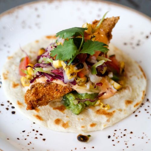 A close-up of a taco filled with fried fish, fresh vegetables, and topped with cilantro on a decorative plate.
