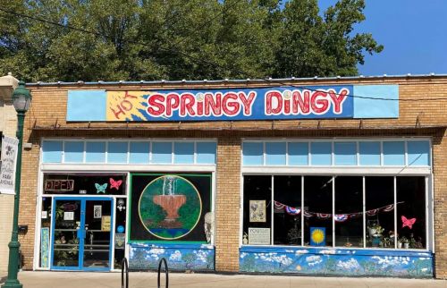 Colorful storefront of "Springy Dingy" with a mural, open sign, and decorative elements like butterflies and flowers.