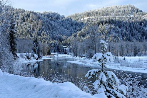 A serene winter landscape featuring a snow-covered river surrounded by evergreen trees and mountains in the background.