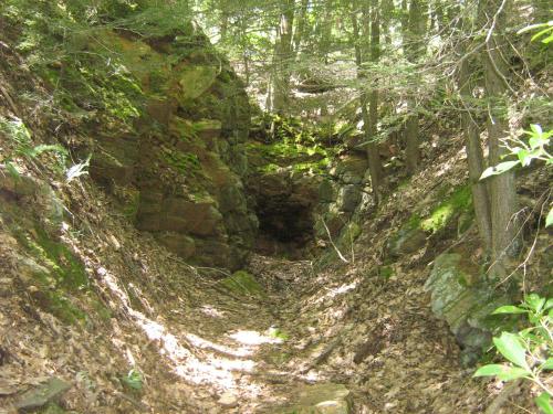 A narrow, rocky path through a lush forest, surrounded by moss-covered stones and trees. Sunlight filters through the leaves.