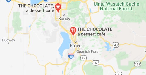 Map showing locations of "The Chocolate, a dessert cafe" in Provo and Sandy, Utah, near Uinta-Wasatch-Cache National Forest.