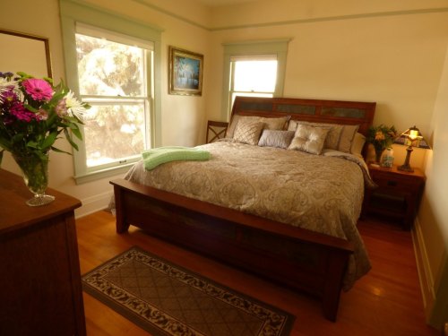 Cozy bedroom with a large bed, decorative pillows, a vase of flowers, and natural light from windows.