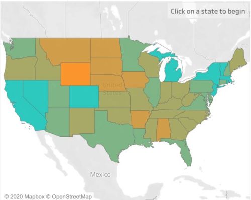 Map of the United States with states colored in green, orange, and teal, indicating different categories or statuses.