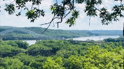 A scenic view of a river and bridge surrounded by lush green trees under a blue sky with scattered clouds.