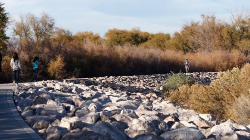 Two people walk along a rocky path surrounded by sparse vegetation and trees under a clear sky.