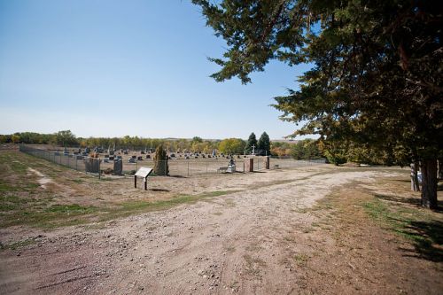 A peaceful cemetery surrounded by trees, with gravestones visible in the distance under a clear blue sky.