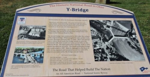 Sign about the Y-Bridge in Ohio, detailing its history and significance as a transportation route.