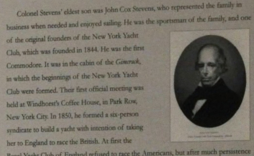 Text about John Cox Stevens, a key figure in the New York Yacht Club's founding, alongside a portrait of him.