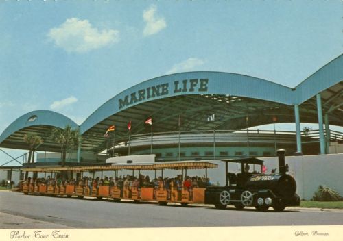 A vintage postcard of a train at the Marine Life facility in Gulfport, Mississippi, with people boarding.