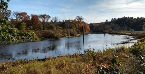A serene river scene surrounded by autumn foliage, reflecting colorful trees under a clear blue sky.