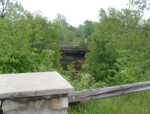 A view of a lush green landscape with trees surrounding a rocky area, partially obscured by foliage.