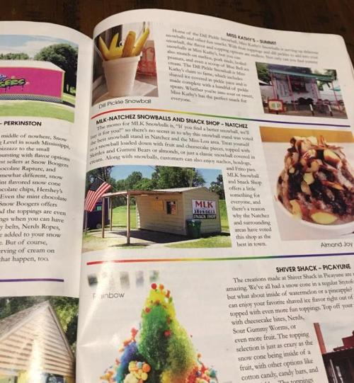 A magazine page featuring snowball stands, snacks, and colorful desserts with descriptions and images of each.