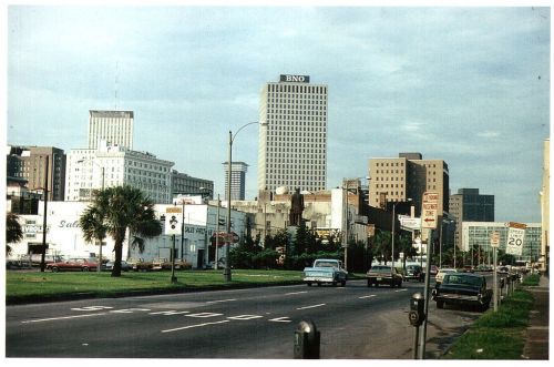 A city street scene featuring tall buildings, palm trees, and parked cars under a cloudy sky.
