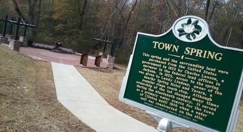 Sign for Town Spring, detailing its history and significance, with a pathway leading to a gathering area in a wooded setting.