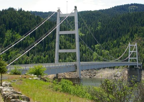 A modern suspension bridge spans a river, surrounded by lush green trees and mountains under a clear blue sky.