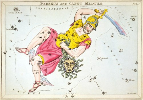 Illustration of the constellation Perseus, depicting a warrior with a sword and the head of Medusa, surrounded by stars.