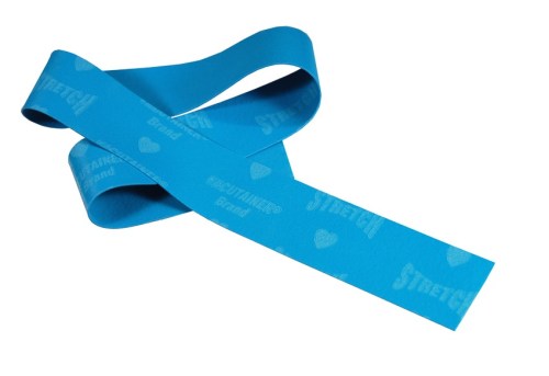 A blue stretch band with the word "STRETCH" printed on it, lying flat and slightly twisted.