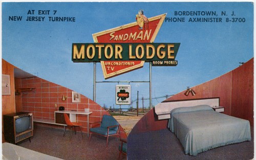 Vintage postcard of Sandman Motor Lodge, featuring a sign, room interior with a bed, TV, and retro decor.