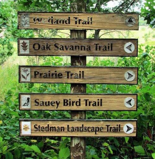 Wooden trail signs pointing to various nature trails surrounded by greenery.
