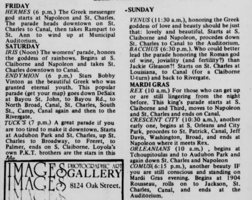 A newspaper page listing events and schedules for various shows and activities in a city.