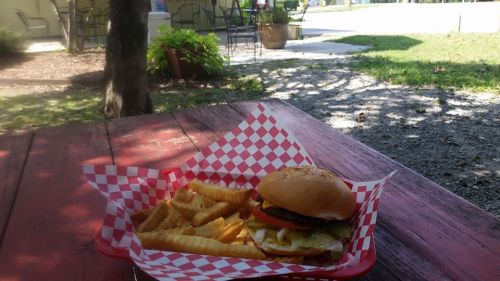 A burger with lettuce, tomato, and pickles served with crinkle-cut fries on a red checkered tray, outdoors.