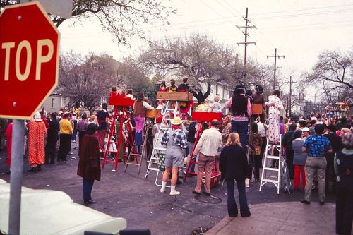 A crowd gathers on a street, with people on ladders watching a parade, colorful costumes, and a stop sign in the foreground.
