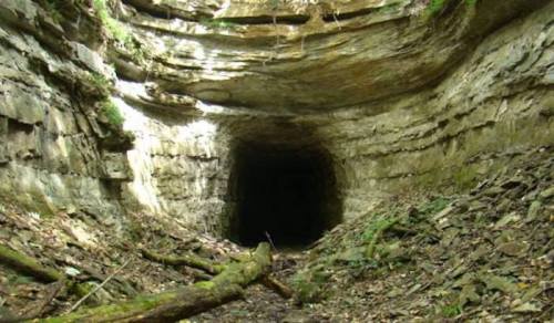 A dark, rocky cave entrance surrounded by moss-covered stones and fallen branches.