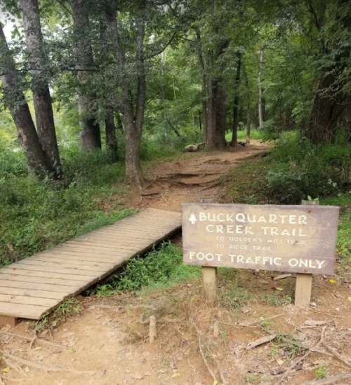 A wooden sign marks the Buckquarter Creek Trail, leading into a wooded area with a footpath. Foot traffic only.