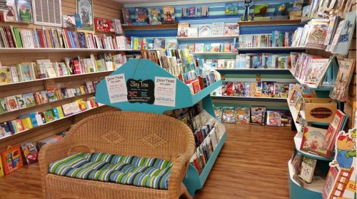 A cozy children's bookstore with colorful shelves filled with books and a wicker bench for storytime.