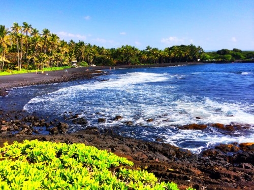 A scenic view of a black sand beach with palm trees, waves crashing on rocks, and a clear blue sky.