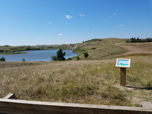 A scenic view of a river surrounded by grassy hills under a clear blue sky, with a signpost in the foreground.