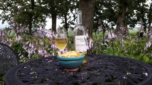 A glass of wine and a bottle sit on a table with a bowl of chips, surrounded by flowers and trees in a winery setting.