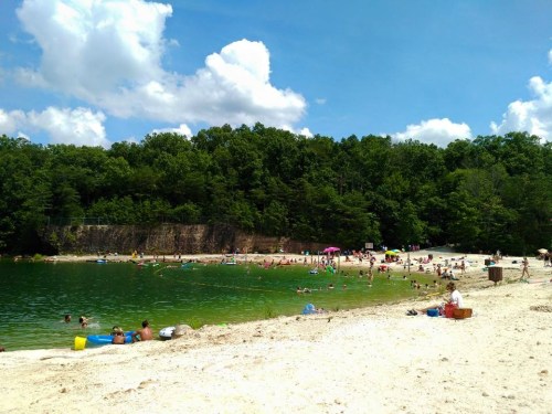 A sunny beach scene with people swimming and relaxing by a green lake, surrounded by trees and blue skies.