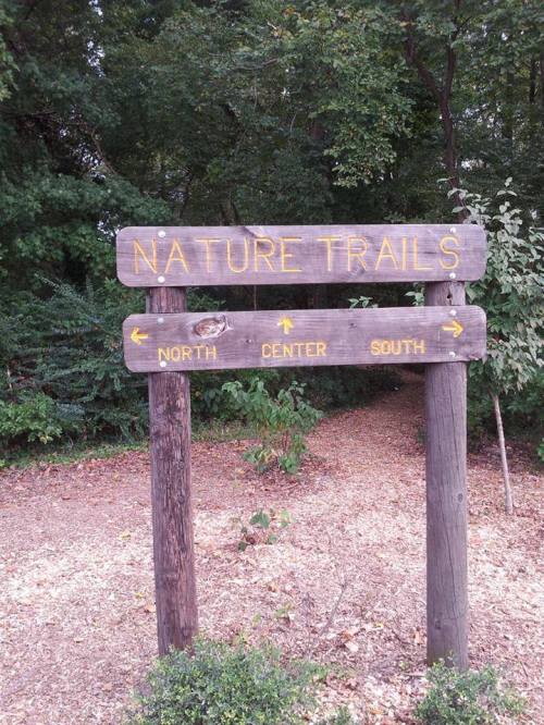 Wooden signpost indicating directions for nature trails: North, Center, and South, surrounded by greenery.