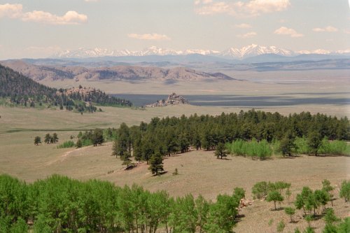 A scenic landscape featuring rolling hills, green trees, and snow-capped mountains in the distance under a clear blue sky.