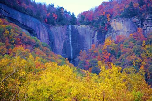 A vibrant autumn landscape featuring a waterfall cascading down a rocky cliff, surrounded by colorful foliage.