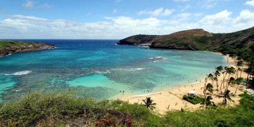 A scenic beach with turquoise waters, rocky hills, and palm trees under a partly cloudy sky. People enjoy the shoreline.
