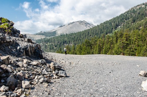 A hiker walks along a rocky path surrounded by mountains and dense pine forests under a partly cloudy sky.