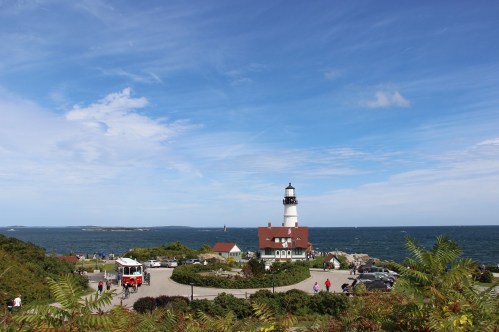 A scenic view of a lighthouse by the ocean, surrounded by greenery and visitors, under a clear blue sky.