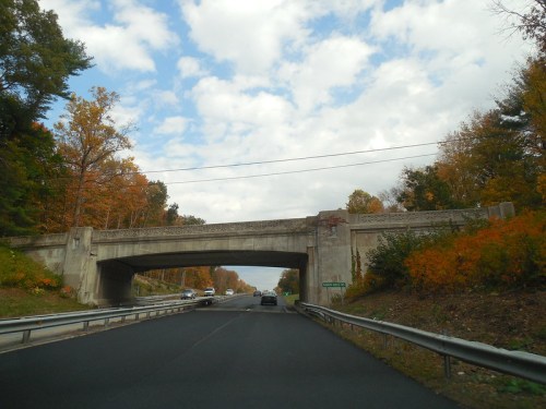 A highway underpass with decorative concrete, surrounded by autumn foliage and a cloudy sky.