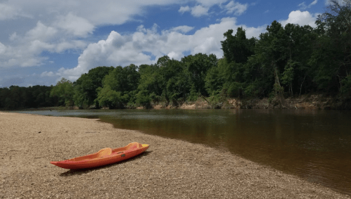 A bright orange kayak rests on a sandy shore beside a calm river, surrounded by lush green trees and a blue sky.