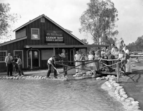 A group of people gathered by a pond outside a rustic building, with one person fishing and others watching.